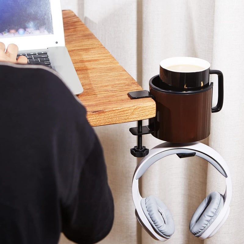 GUNKING Luxury 2-in-1 Anti-Spill Cup Holder with Under Desk Headphone Hanger (Coffee Brown) - Image 4